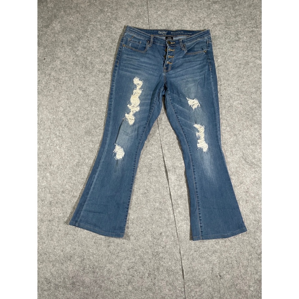 Mossimo Denim Womens Mid Rise Flip-Flop Flare Distressed Blue Jeans Button Fly - Picture 3 of 16